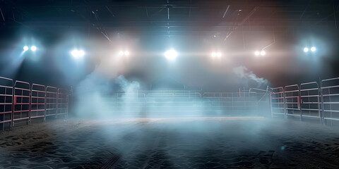 Desolate rodeo arena illuminated by bright lights and lingering smoke. Concept Rodeo Arena, Bright Lights, Smoke, Desolate Setting