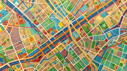 Vibrant urban map shows intricate street networks, highways, landmarks, and neighborhoods, providing a detailed view of city infrastructure for planning or navigation purposes.