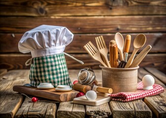 Adorable miniature kitchen utensils and cookbooks surround a small chef's hat and apron on a rustic wooden table, evoking a playful culinary atmosphere.