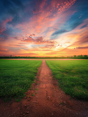 Sticker - Pathway to Sunset - A red dirt path leads through a lush green field toward a breathtaking sunset sky. - A red dirt path leads through a lush green field toward a breathtaking sunset sky.