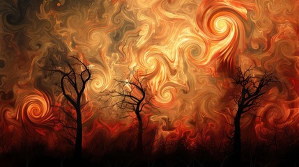 An abstract digital painting of global warming, swirling patterns of red and orange representing heat, with dark, ominous clouds in the background