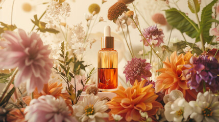 An essential oil bottle elegantly surrounded by a variety of vibrant flowers, highlighting natural beauty and self-care.