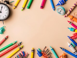 Wall Mural - Light beige background, school supplies scattered around edges crayons, markers, alarm clock, blank top left corner for text/logo.