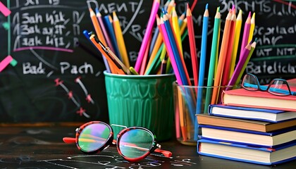 Wall Mural - Back to school books, glasses, colored pencils in pot on table, blackboard background, equations, text space.