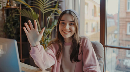 Sticker - A cheerful young woman waves at the camera while sitting in a cozy room with potted plants and sunlight streaming through the window.