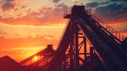 Conveyor Belt Sunset - A silhouette of a conveyor belt against a fiery sunset sky. - A silhouette of a conveyor belt against a fiery sunset sky.