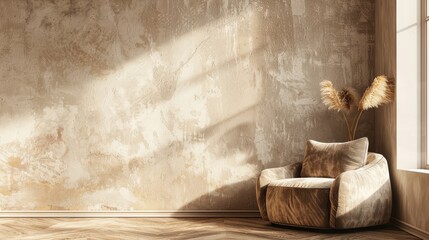 Poster - Cozy Armchair in a Minimalist Interior - A cozy brown armchair with a natural grass plant beside it in a minimalist living room with sunlight streaming through the window. - A cozy brown armchair with