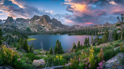 Sticker - Mountain Lake Sunset - A breathtaking view of a mountain lake with a dramatic sunset sky and vibrant wildflowers in the foreground. - A breathtaking view of a mountain lake with a dramatic sunset sky 