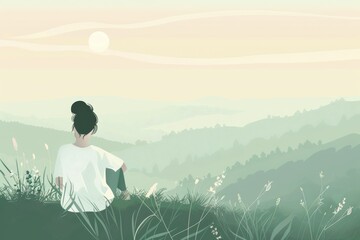 woman taking deep breaths in a natural environment minimalist landscape and pastel colors, breathing exercise for mental health. Inner peace and calm. 