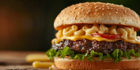 Wall Mural - Closeup shot of a commercial featuring a hamburger with mac and cheese. Concept Food Photography, Closeup Shots, Commercial Shoot, Hamburger, Mac and Cheese