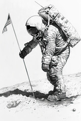 Wall Mural - A black and white sketch of a lone astronaut planting a flag on the moon