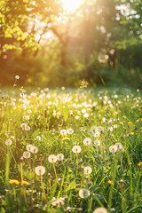 Poster - A sunlit meadow filled with dandelions at sunset, creating a serene and tranquil scene with a warm glow.