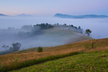 Wall Mural - Beautiful dreamy autumn sunrise rural scenery. Haystacks and trees on a mountain hill with fog.