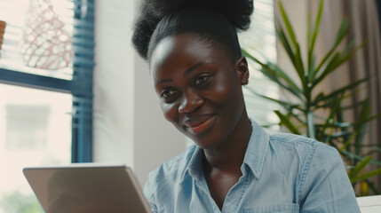 Sticker - A woman, illuminated by natural light, smiles warmly while engaging with her tablet in a cozy, plant-filled room, exuding comfort and focus.