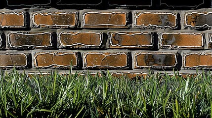 A closeup view of a traditional brick wall featuring a mix of red and brown bricks with distinct textures and patterns The wall is complemented by a lush green grass lawn at its ba