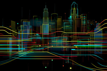 Wall Mural - Neon city skyline symbolizing growth in business isolated on black background.