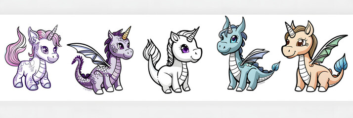 Magic fantasy creatures - cute Unicorn, Dragon, Dinosaur, Fairy and Mermaid, simple thick lines kids or children cartoon coloring book pages. Clean drawing can be vectorized.