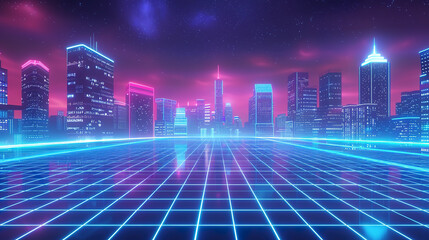 Wall Mural - Blue glowing technology style digital city architecture and street pavement