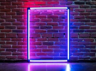 Sticker - Neon Frame With Copy Space On Dark Brick Wall Background