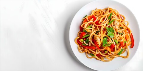 Wall Mural - Lo Mein dish on white background isolated. Concept Food Photography, Asian Cuisine, White Background, Isolated Food Shot