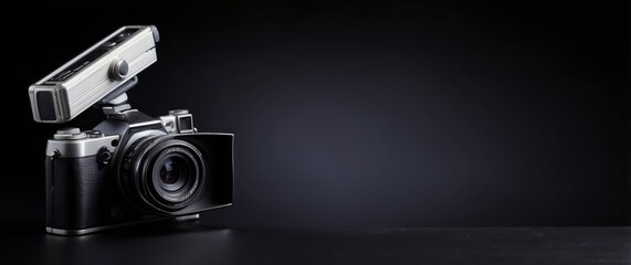 Vintage camera with flash on a black background, representing classic photography equipment and professional image capturing