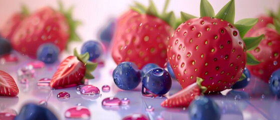 Wall Mural - Close-up of dewy strawberries and blueberries sparkling with freshness, capturing the juicy essence of the berries.