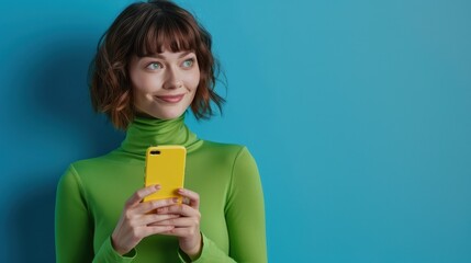 Wall Mural - A woman with yellow smartphone