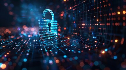 a digital security concept featuring a padlock with binary code flowing around it against a dark bac