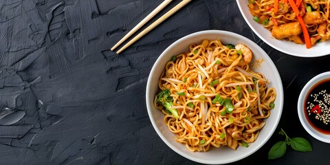 Sticker - Overhead shot of two bowls of classic Chinese stir-fry noodles. Concept Food Photography, Chinese Cuisine, Overhead Shot, Noodles, Stir-fry