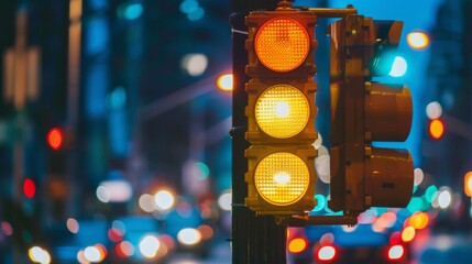 A yellow traffic light signaling caution to drivers approaching an intersection.