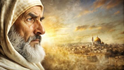 Wall Mural - A prophet of God with blurred background of an ancient city