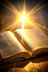 Canvas Print - An open Bible on a wooden table with a heavenly light shining on it