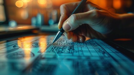 Close-up of a hand holding a digital pen and drawing on a digital tablet with creative design software tools.
