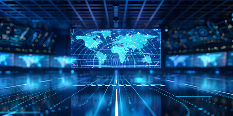 Blue tech illustration of a digital globe with binary code, representing global internet connection and modern aviation world