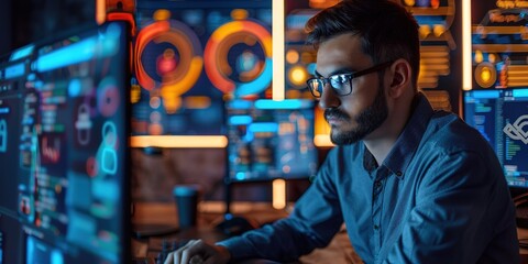 Focused male programmer working at night with graphical interfac
