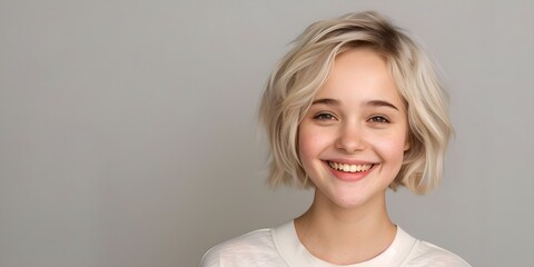 Poster - Portrait of a Cheerful Teen Girl with Short Blonde Hair on a Gray Background. Concept Portrait Photography, Teen Girl, Short Blonde Hair, Gray Background, Cheerful Expression