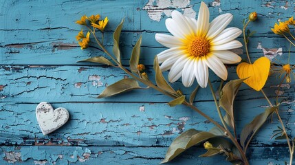 Wall Mural - White Daisy and Yellow Flowers on Rustic Blue Wood