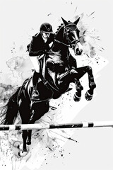 Wall Mural - A black and white sketch of a horse and rider jumping over a hurdle