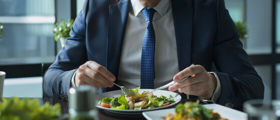 A man in a formal suit enjoys a healthy meal, highlighting a moment of dining in a professional setting.