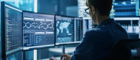 Wall Mural - a person wearing glasses works intently at multiple computer monitors displaying complex data and an