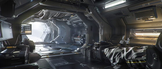 futuristic spaceship cabin filled with high-tech equipment and dim lighting, evoking a sense of myst
