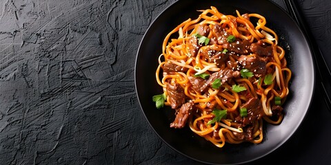 Poster - Perfectly Centered Beef Lo Mein Plate with Glistening Ingredients for a Clean Presentation. Concept Food Photography, Delicious Cuisine, Appetizing Meals, Centered Presentation