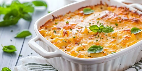 Wall Mural - Close-up shot of a delicious and perfect gourmet mac and cheese casserole. Concept Food Photography, Gourmet Cuisine, Cheesy Delights