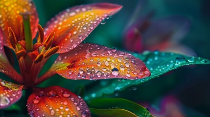 Poster - Dew droplets on the leaves of a vibrant flower, reflecting its colors.