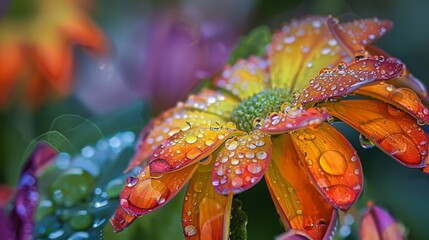 Poster - Dew droplets on the leaves of a vibrant flower, reflecting its colors.