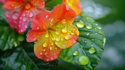 Poster - Dew droplets on the leaves of a vibrant flower, reflecting its colors.