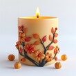 © Anissa - Yellow decorative candle with orange flowers and leaves, surrounded by small pumpkins, set in white background.