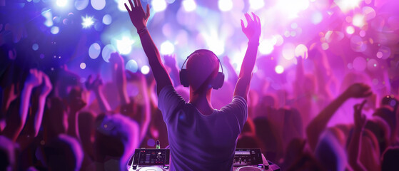 Wall Mural - A DJ enthusiastically performs under vibrant neon lights, with the crowd's hands raised, capturing the pulsating energy of a lively night club.