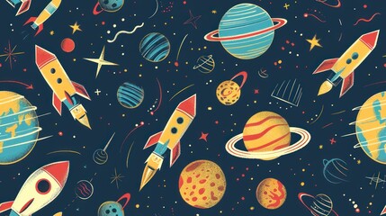 Wall Mural - cosmic rockets and planets seamless pattern