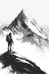 Wall Mural - A black and white sketch of a hiker looking at a peak